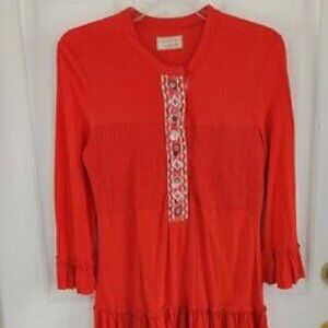 Free People Orange Fall Autumn Embroidered Morning Light Ruffle Tunic Top L